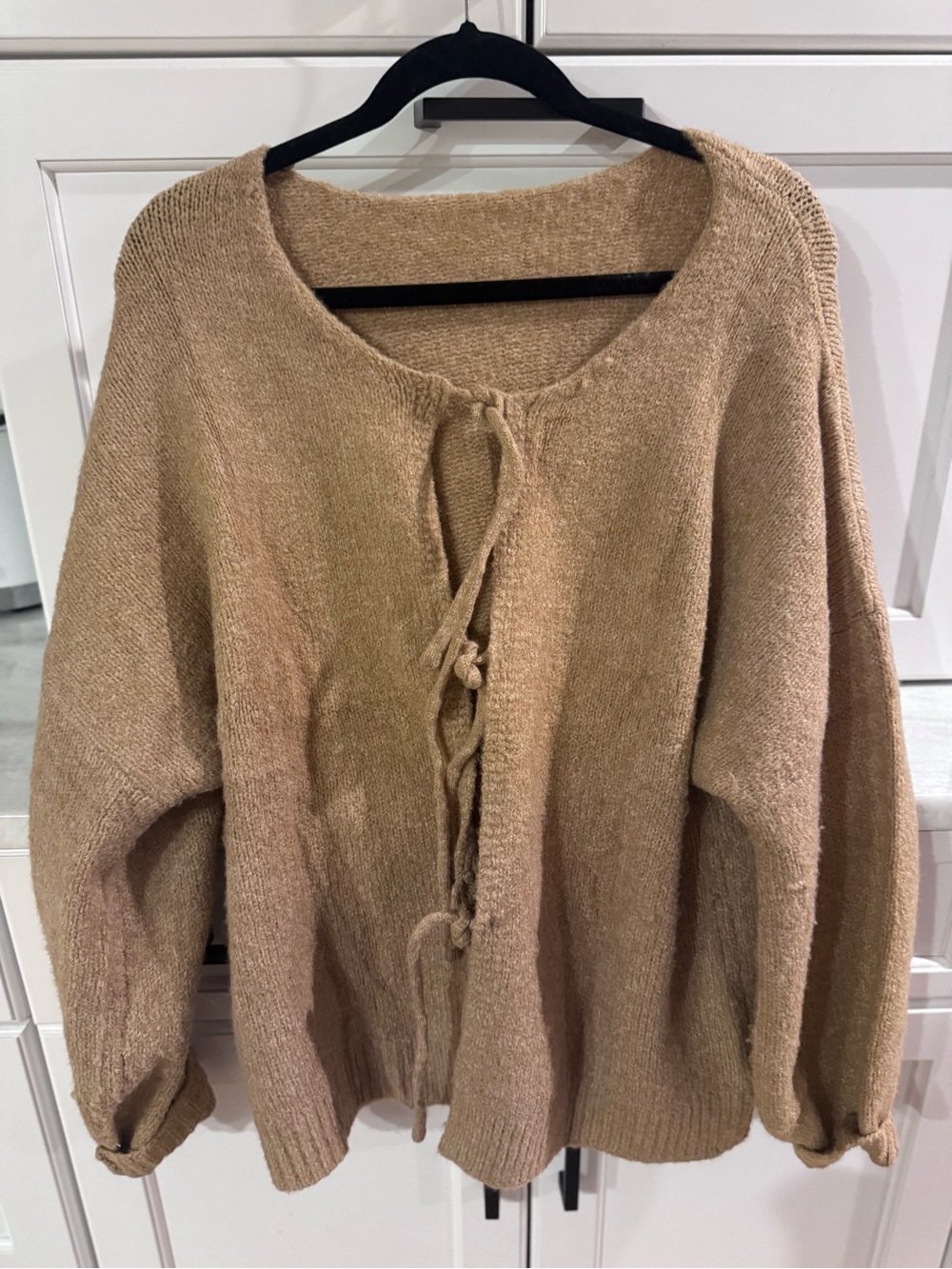 Tie-Front Open Knit Sweater Cardigan in Camel
